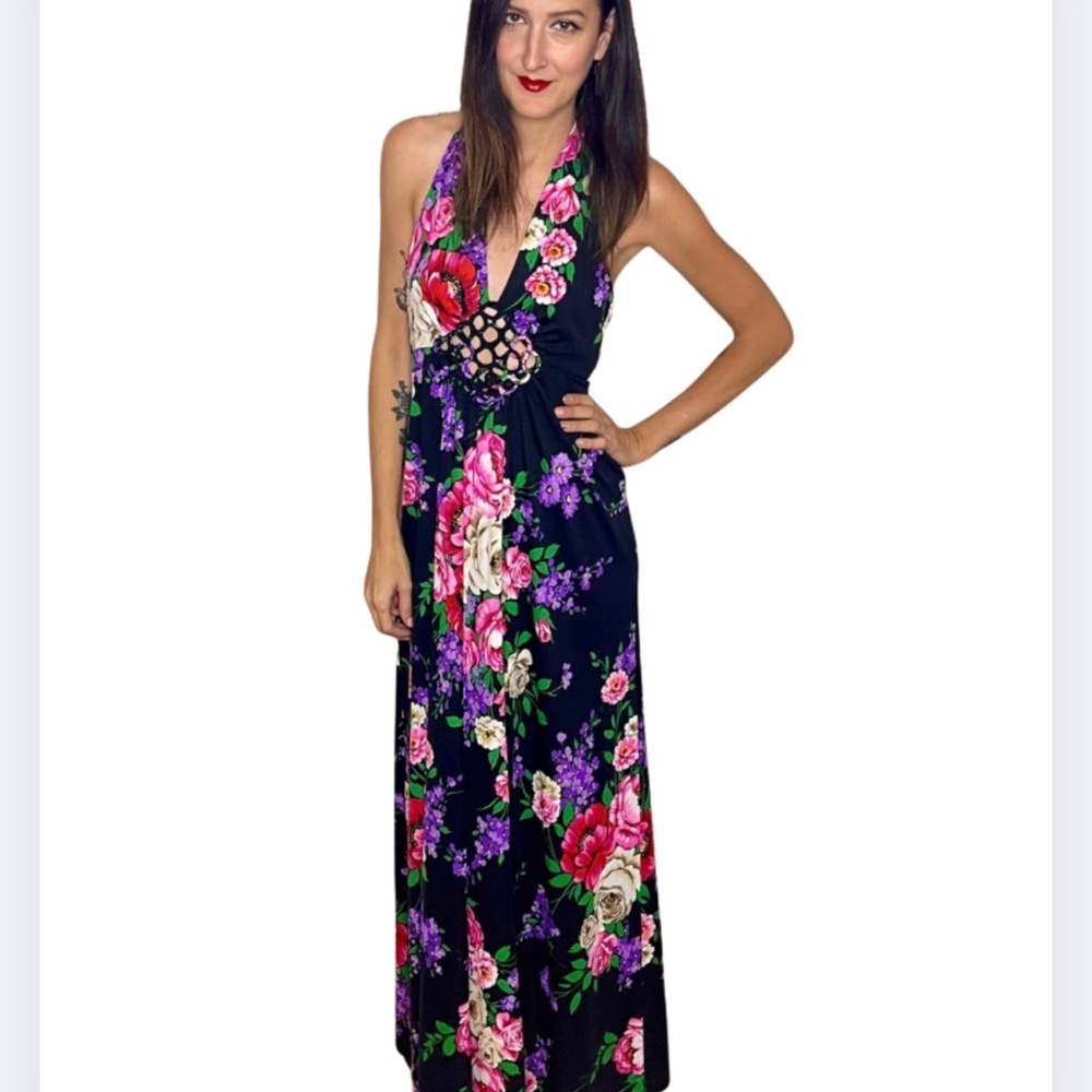 Vintage 1970s Patti Scott Floral Halter Maxi Dress | Bold Rose Print Disco Era